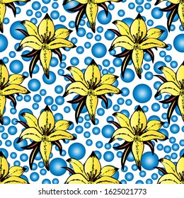 yellow vanilla flowers seamless pattern on a background of blue air bubbles decor decoration of textiles and surfaces of objects, scrap booking wallpaper clothes waist bags bedding vector illustration