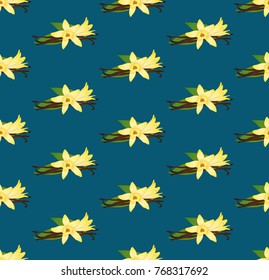 Yellow Vanilla Planifolia Flower on Indigo Blue Background. Vector Illustration.