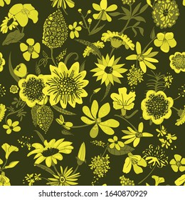 yellow variety of flowers seamless vector pattern on a dark background