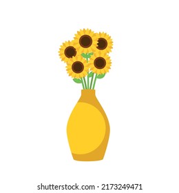 Yellow vase with blooming flowers for decoration and interior. Beautiful sunflowers in ceramic vase isolated on white background. Vector stock