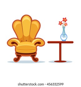 Yellow vector armchair and a table with a vase with flowers on it. Cartoon interior illustration. Cute furniture. 