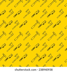 Yellow vector background for hand tools. Hammer, axe and adjustable wrench. Seamless vector pattern with black line woodwork hand tools on yellow background.