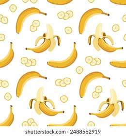 Yellow vector bananas pattern whole, peeled, sliced banana on white