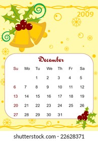 yellow vector, calendar for 2009 with xmas bell