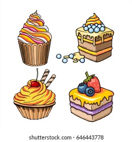 Yellow vector desserts isolated on white background.  Cakes, cupcakes  with blueberries, strawberries, cream and chocolate. Delicious hand drawn illustration