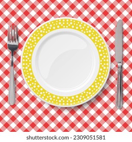 Yellow vector dish with pattern of chaotic white polka dot isolated on white background