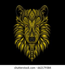 Yellow vector dog of beautiful patterns on a black background. Symbol of Chinese new year 2018.