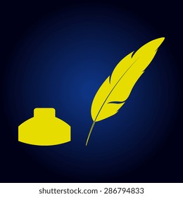 Yellow Vector feather and ink bottle icon  on a blue background