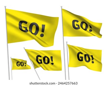 Yellow vector flags with black GO text. A set of wavy 3D flags with flagpoles isolated on white background, created using gradient meshes