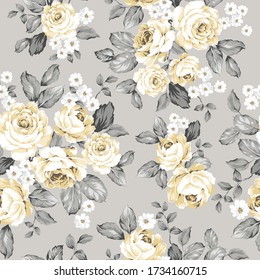 Yellow Vector Flowers Bunches Pattern On Grey Background