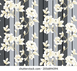 yellow vector flowers with leaves pattern on seamless black and grey stripe background