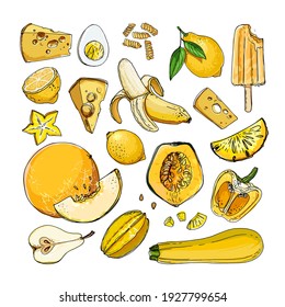 Yellow. Vector food. Colored vegetables and fruits on a white background. Pumpkin, banana, zucchini, pumpkin, paprika, ice cream, lemon, cheese, egg