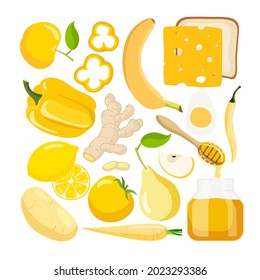 Yellow vector food. Colored vegetables and fruits and other food on white background. Fresh organic food for menu, banner for healthy eating. Eat colors for your health.