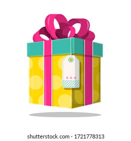 Caja de regalo de vectores amarillos con estrellas en papel y arco rosado