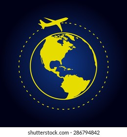 Yellow Vector globe icons with airplane  on a blue background