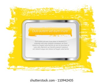 Yellow vector glossy glass banner with metallic frame on a hand-painted daub background