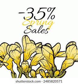 Yellow vector hand drawn freesia for a sales visual, card, label spring sales. Flowers with detailed blooms on a light gray and yellow background.