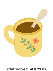 Yellow vector hand drawn mug filled with warm beverage with floral patterns and spoon. Tea cup illustration isolated on white background