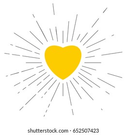 Yellow vector heart placed in center with black rays on a white background