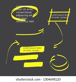 Yellow vector highlighter elements set. Yellow marker text selection