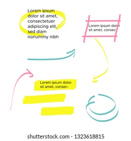Yellow vector highlighter elements set. Yellow marker text selection