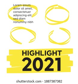Yellow vector highlighter elements set. Yellow marker text selection