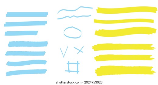 Yellow vector highlighter elements set. Yellow marker text selection