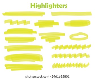 Yellow Vector highlighter graphic stylish element. Watercolor hand drawn highlight set. Yellow highlighter collection, brush lines, isolated in white background. Marker yellow set.