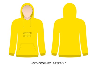 Yellow vector hoodie template. Model woman dressed in a yellow hoodie, isolated on a white background.