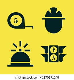 yellow vector icons set. with bell, traffic signs, tape measure and builder in set