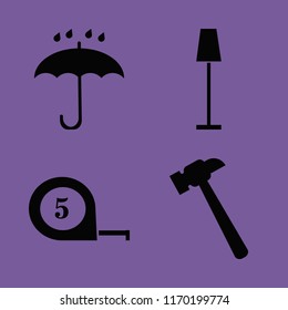 yellow vector icons set. with hammer, umbrella, floor lamp and tape measure in set