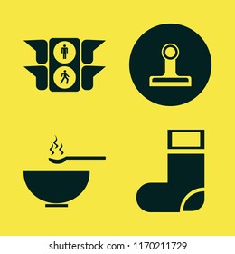 yellow vector icons set. with sock, soup, traffic signs and paper clip in set