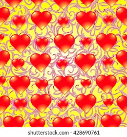 Yellow vector illustration. Background with red hearts.