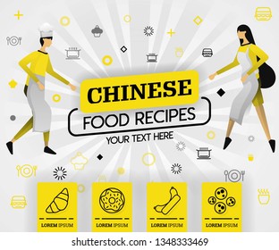 yellow vector illustration concept. chinese food recipes recipes cover book.  healthy cooking recipe and delicious food cover can be for, magazine, cover, banner, cookbook, book. flat cartoon style
