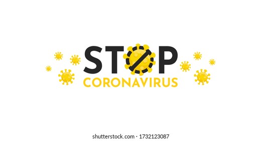 Ilustración vectorial amarilla con coronavirus de parada de texto para volante médico, banner del sitio, afiche, camiseta o diseño de cubierta. Covid-19, enfermedad por neumonía respiratoria, atención de la salud y concepto de protección 