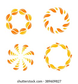 Yellow vector isolated leafs border. Stylish circle design. Abstract orange color set of sunny logo. Sun logos collection. 