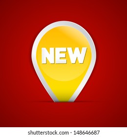 Yellow Vector Label, Sticker With New Title on Dark Red Background