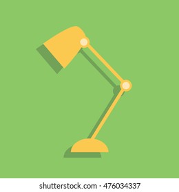 Yellow vector lamp flat icon with shadow over green background, isolated