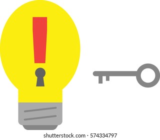 Yellow vector light bulb with red exclamation mark keyhole and grey key.