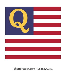 Yellow vector logo of Qanon conspiracy theory letter Q symbol inside the United States of America flag 