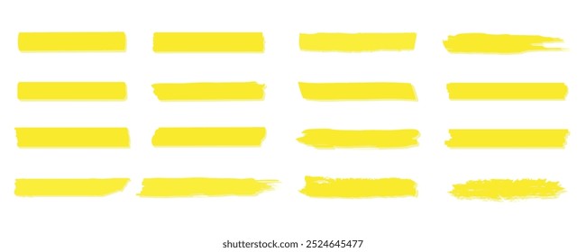 Elemento de estilo gráfico de marcador de vetor amarelo. Realce e sublinhado do texto. Linhas de pincel. Traços de marcador desenhados à mão. Faixas de marcadores de texto.