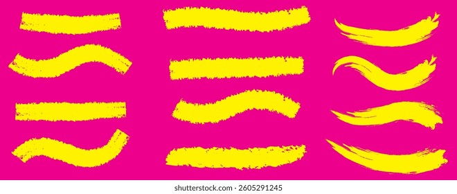 Yellow vector marker graphic stylish element. Highlighting and underlining text. Brush lines. Hand drawn marker strokes. Stripes of text markers. Watercolor hand drawn highlight set. Brush paint strok
