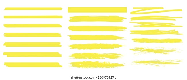 Yellow vector marker graphic stylish element. Highlight and underline text. Brush lines. Hand drawn marker strokes. Text marker stripes.