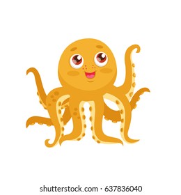 Yellow Vector Octopus Cartoon Mascot. Funny Smiles Octopus Baby. Cute Marine Character On A White Background.