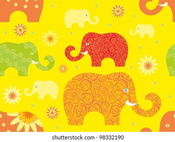 Yellow vector pattern with colorful floral elephants on yellow background