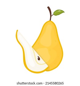 Yellow vector pears, on a white background, in cartoon style, a whole pear, and a half of a pear with green leaves.