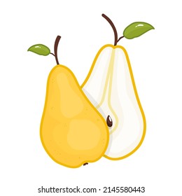 Yellow vector pears, on a white background, in cartoon style, a whole pear, and a half of a pear with green leaves.