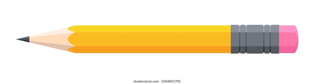 Yellow vector pencil with a red eraser, isolated on white background. Realistic illustration for design. Stationery. School supplies. Office tools. Back to school.