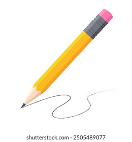 Yellow vector pencil with a red eraser, writing wave thin stroke on white background. Realistic illustration for design. Stationery. School supplies. Office tools. Back to school.