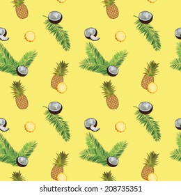 Yellow vector pineapple seamless  pattern. Pineapple, coconut, palm leaves seamless vector pattern on yellow background. Pineapple illustration with coconut and palm leaves.